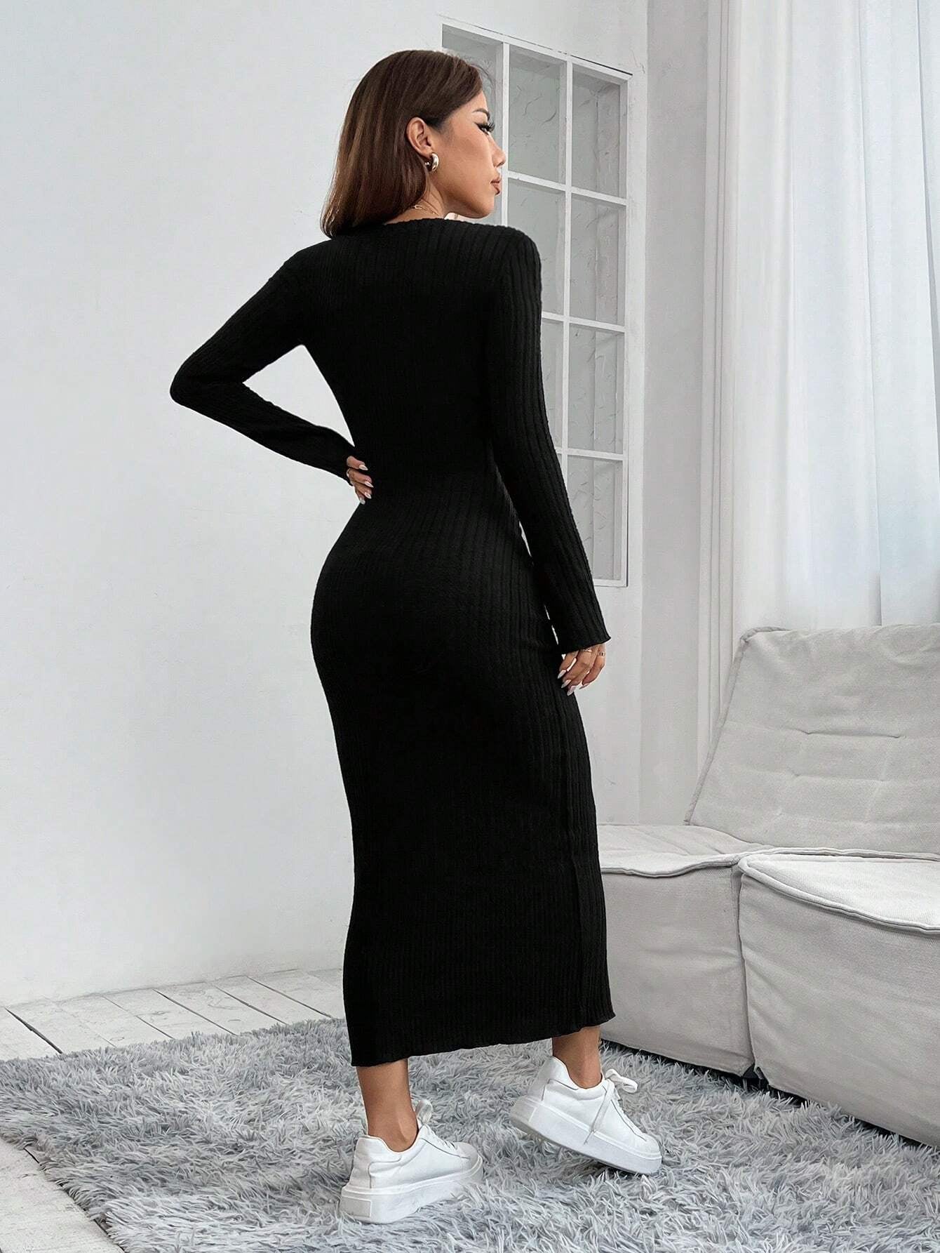 PETITE Solid Color Long Sleeve Dress