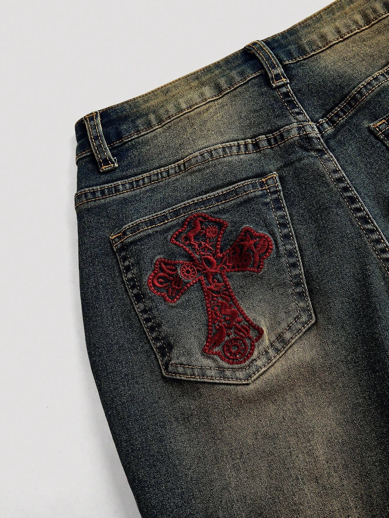 PETITE Women'S Skinny Stretch Cross Embroidered Blue Jeans